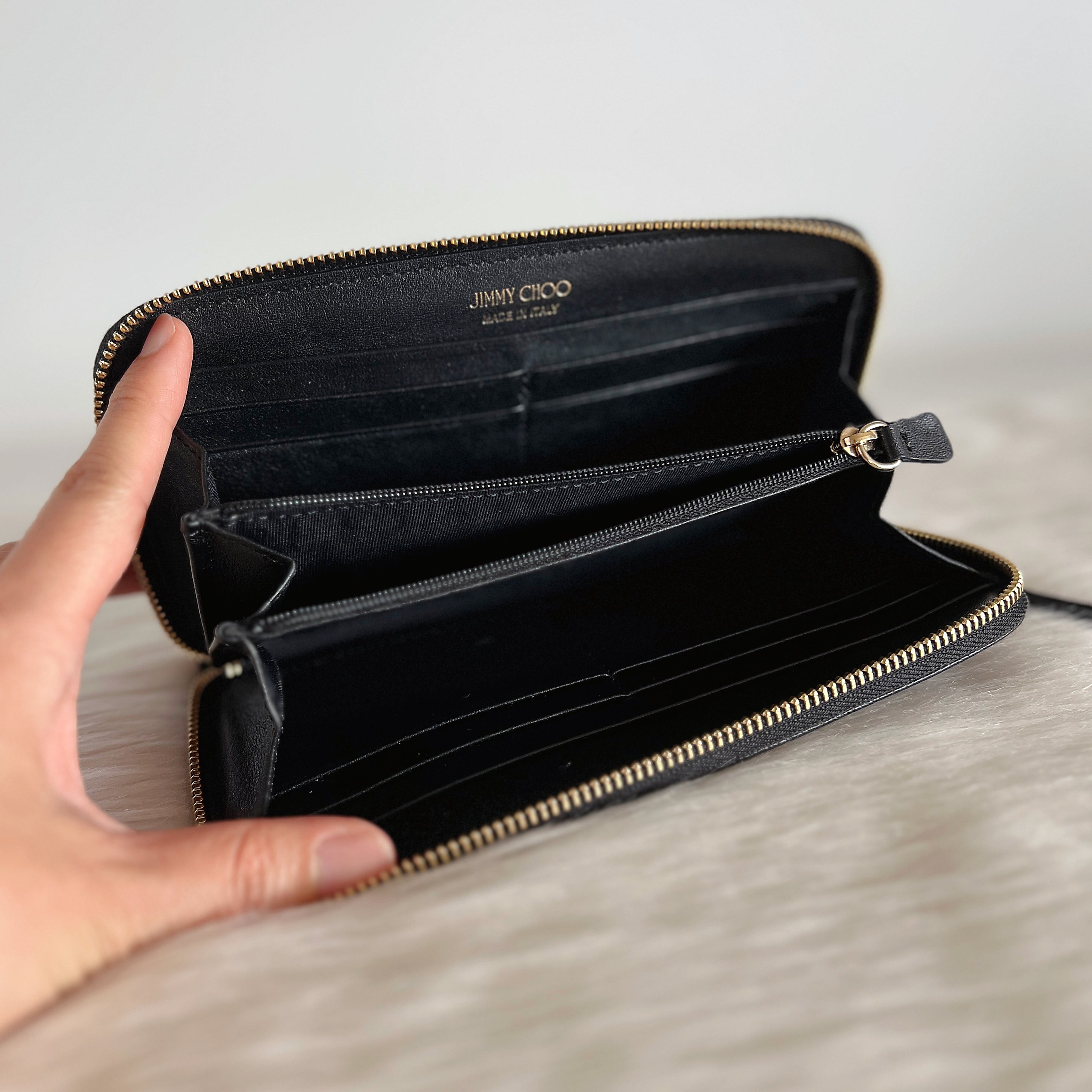 Jimmy Choo Black Leather Star Studs Zip Compartment Long Wallet Like New