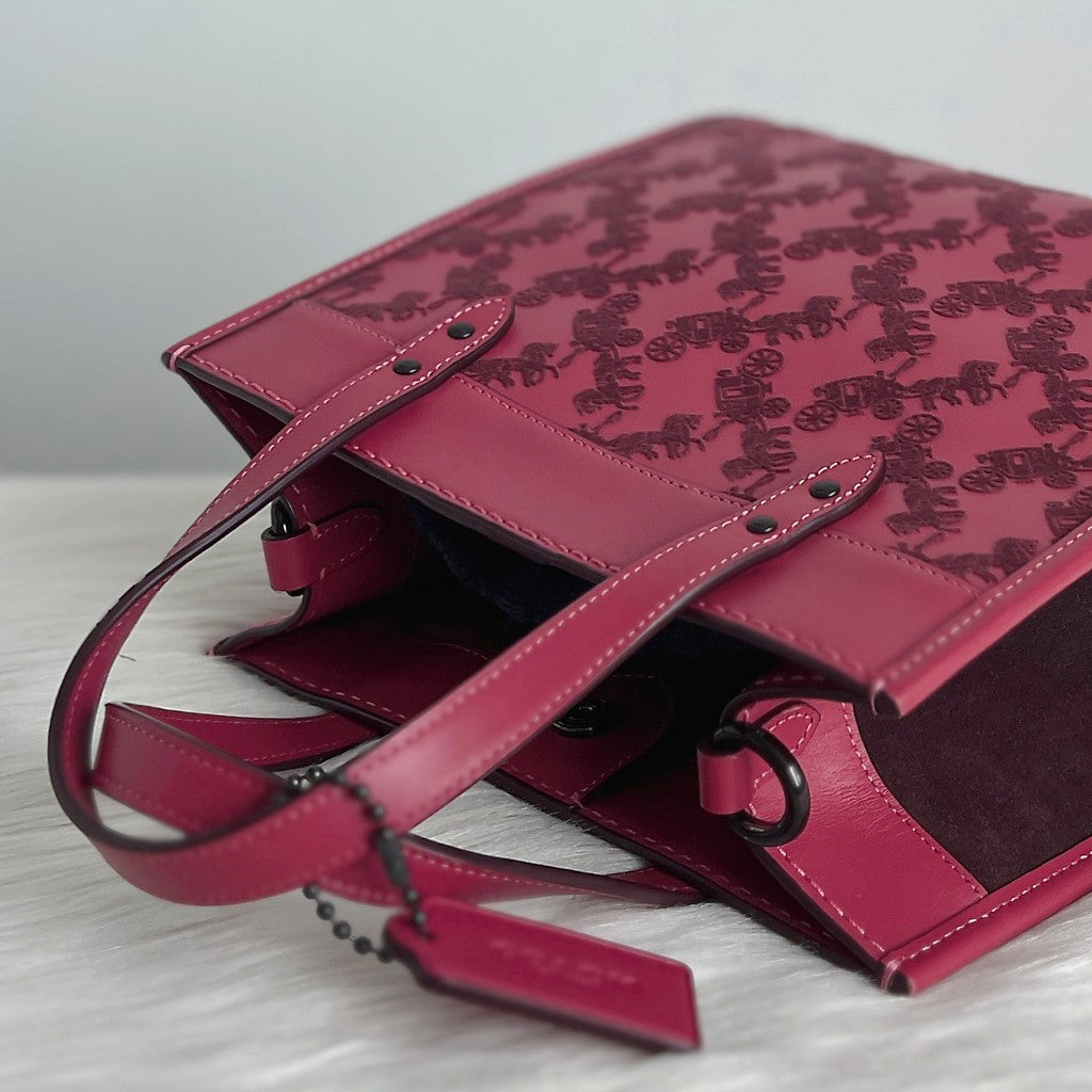 Coach Fuchsia Leather Signature Pattern Book Tote 2 Way Shoulder Bag Like New