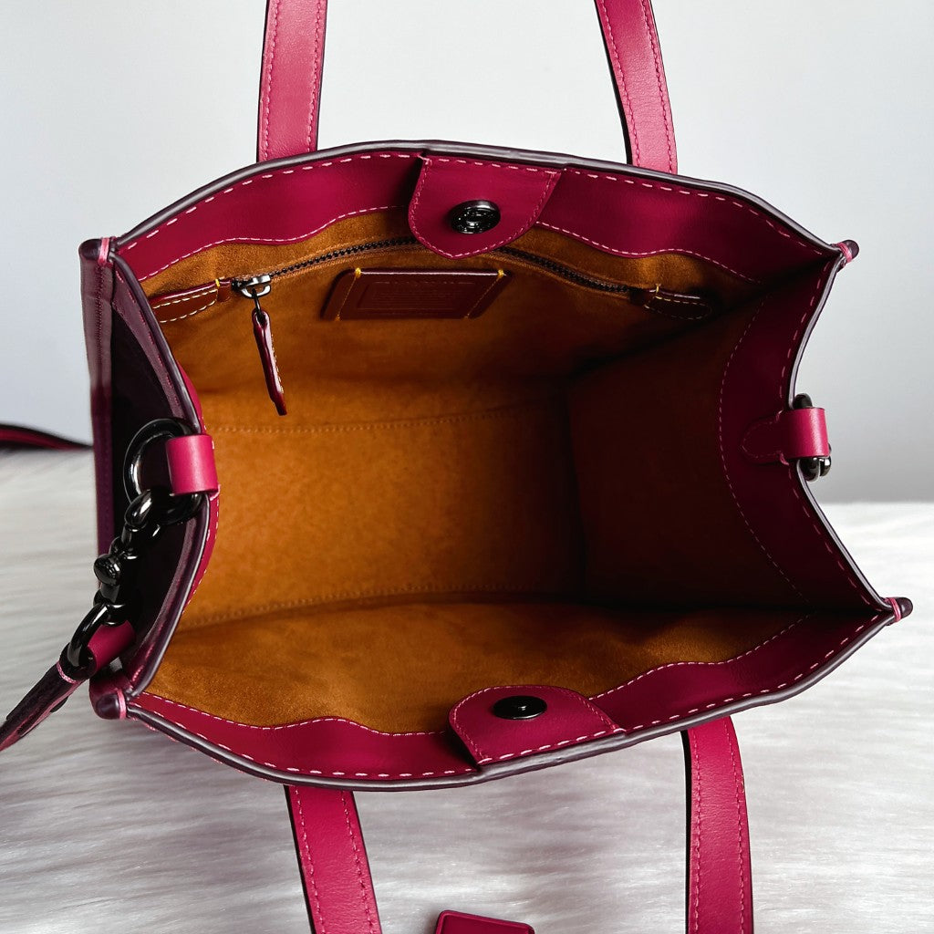 Coach Fuchsia Leather Signature Pattern Book Tote 2 Way Shoulder Bag Like New