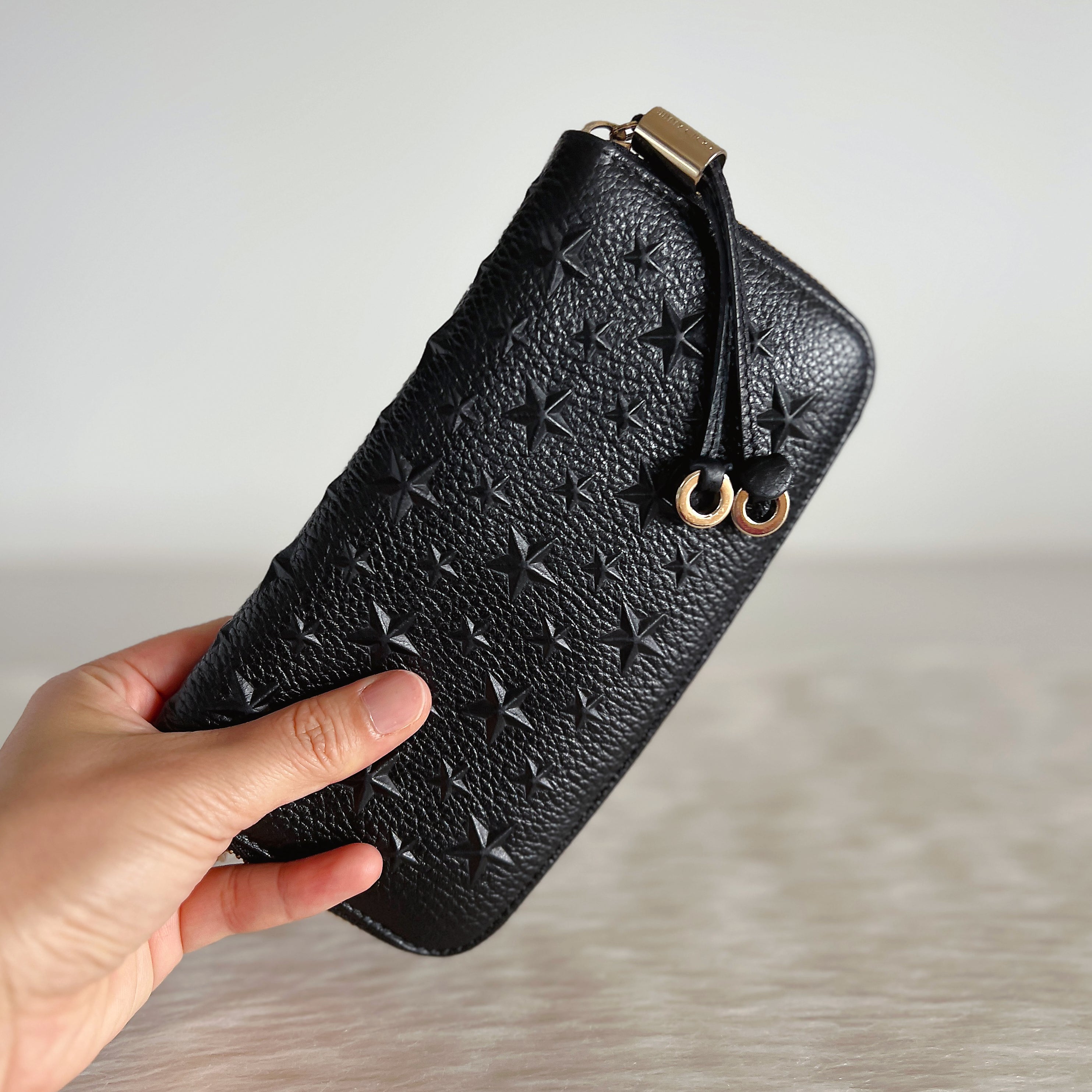 Jimmy Choo Black Leather Star Studs Zip Compartment Long Wallet Like New