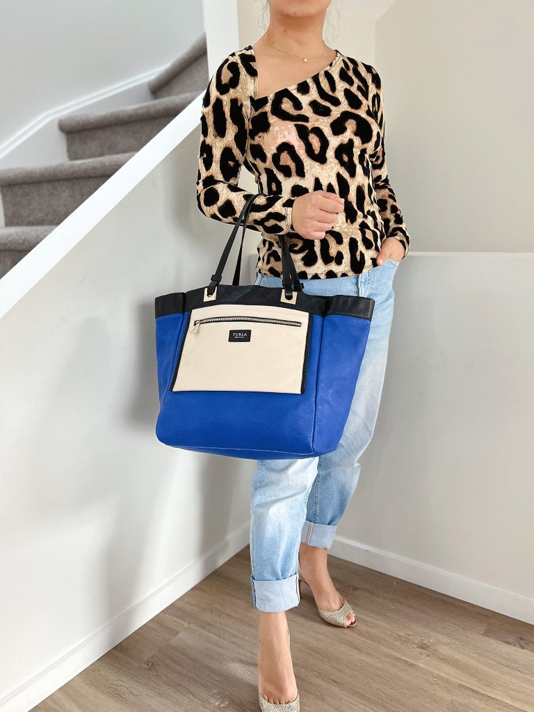Furla Tri-Tone Leather Front Detail Large Carryall Shoulder Bag Excellent