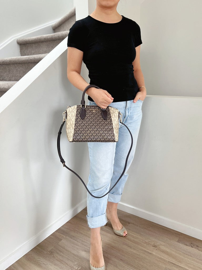 Michael Kors Chocolate Leather Monogram 2 Way Shoulder Bag Like New