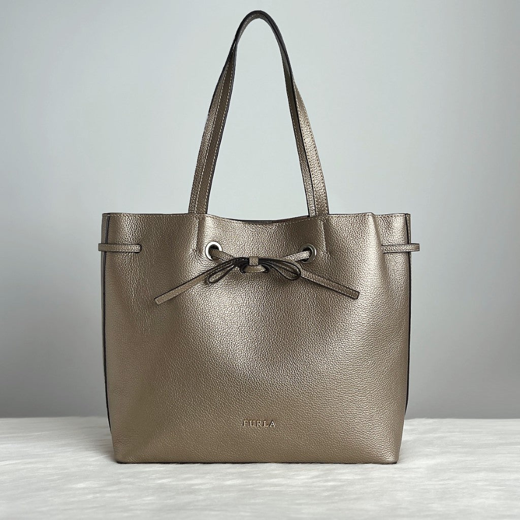 Furla Bronze Leather Bow Tie Carryall Shoulder Bag Like New