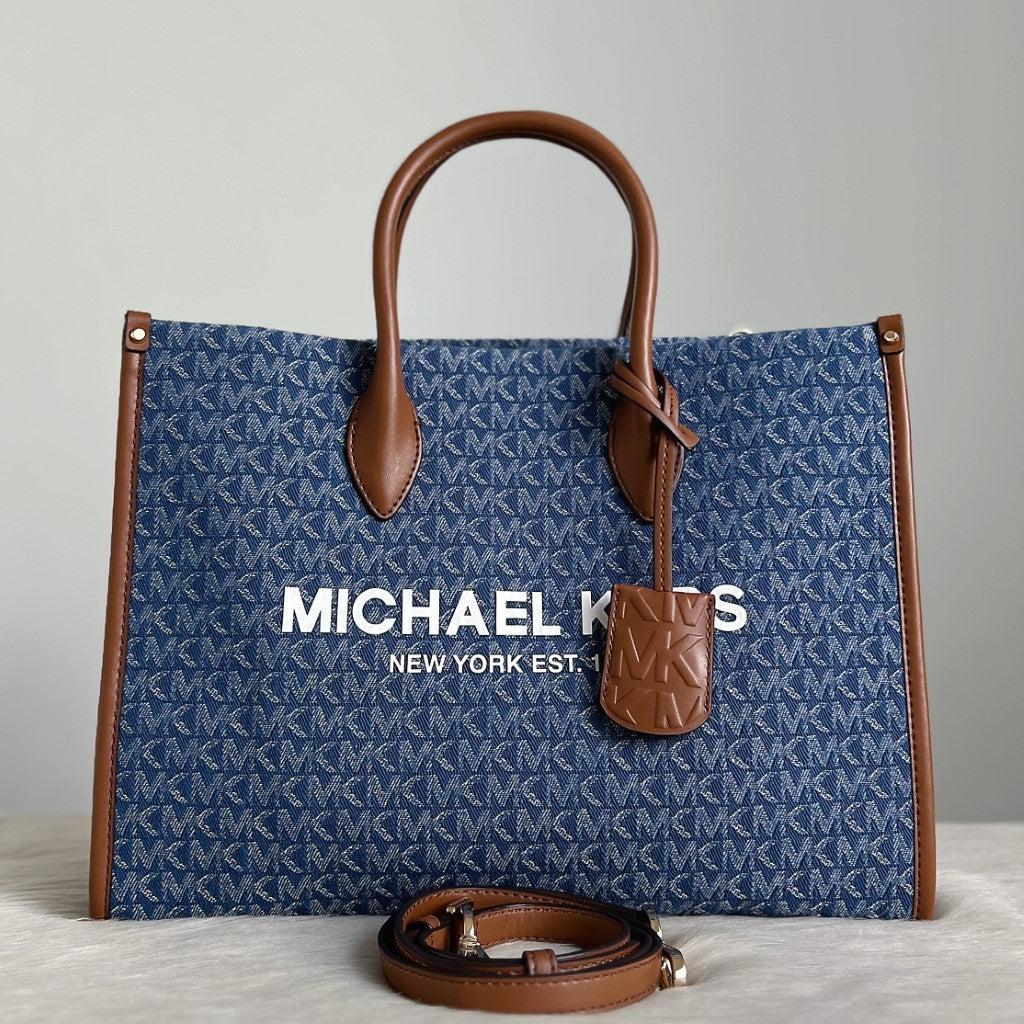 Michael Kors Caramel Leather Denim Book Tote 2 Way Shoulder Bag Like New