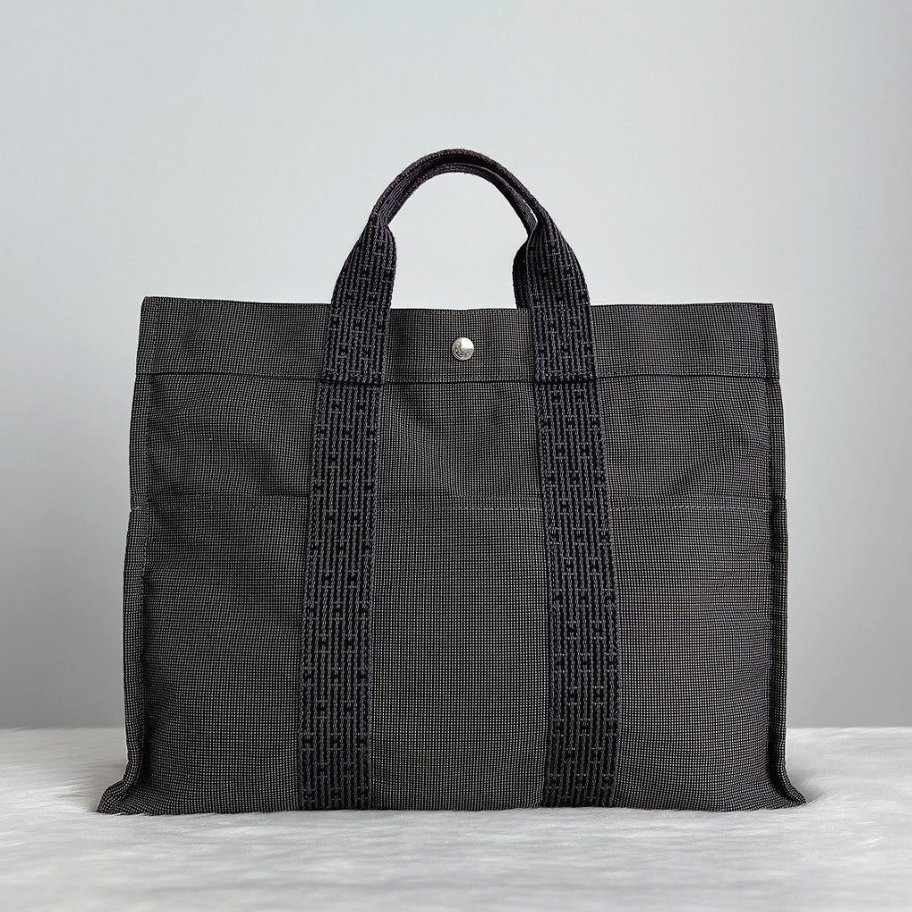Hermes Grey Signature Stripe Detail Canvas Tote Bag Excellent