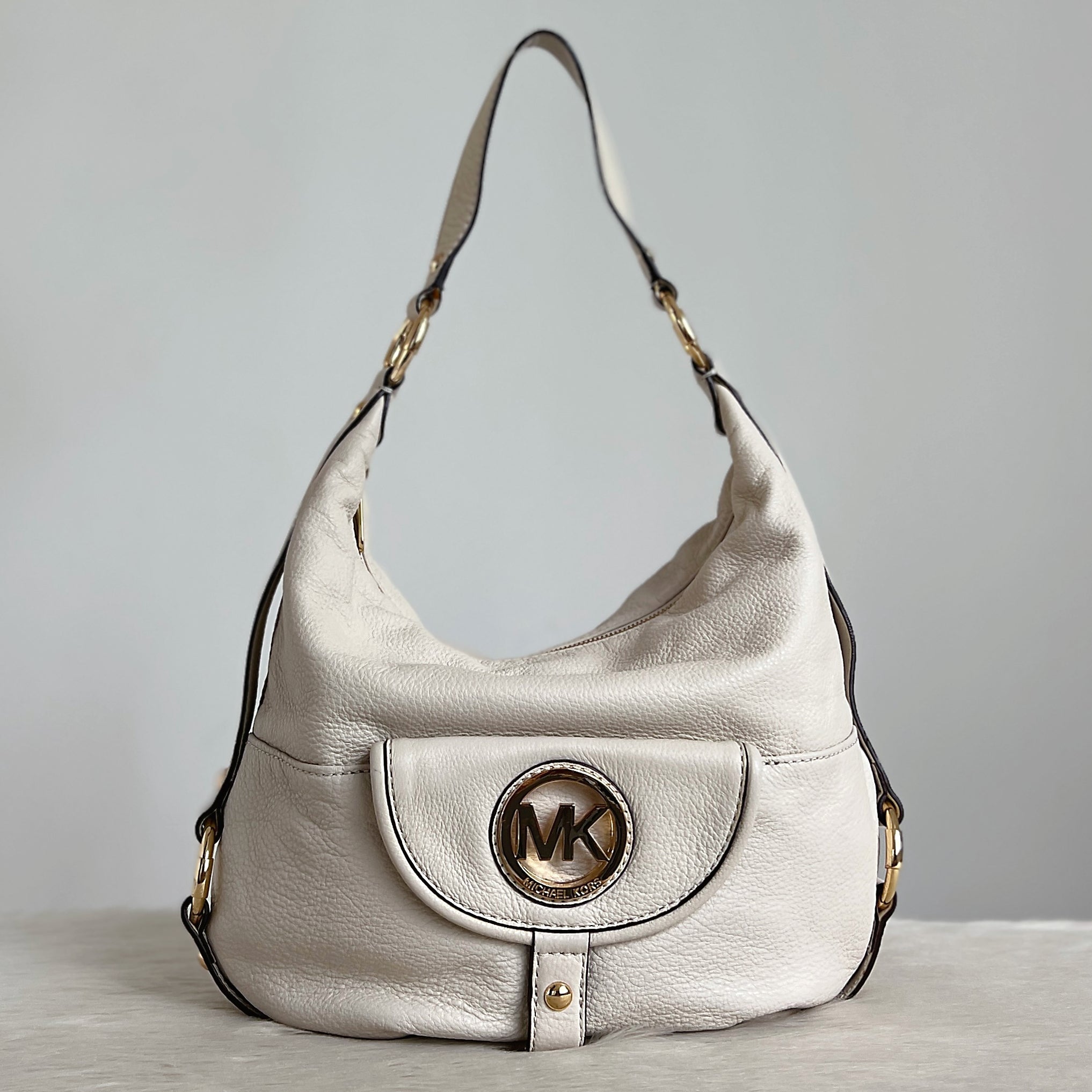 Michael Kors Creamy Leather Front Logo Slouchy Shoulder Bag