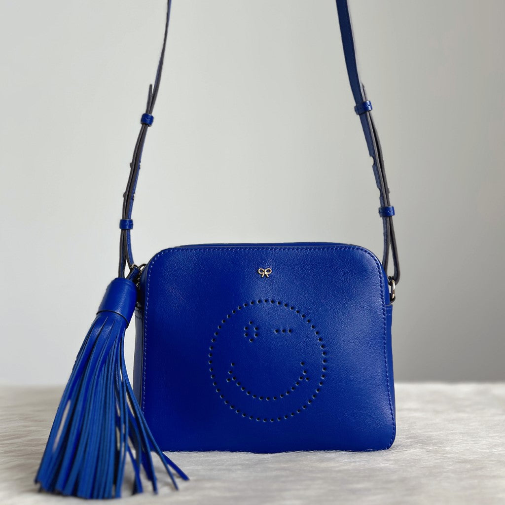 Anya Hindmarch Blue Leather Signature Smily Face Crossbody Shoulder Bag Excellent