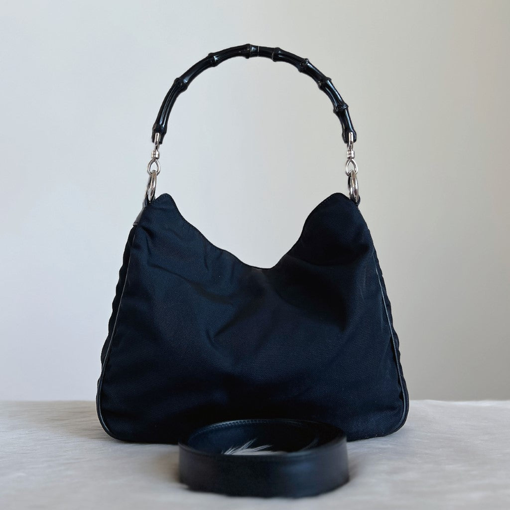 Gucci Classic Black Canvas Bamboo Slouchy 2 Way Shoulder Bag