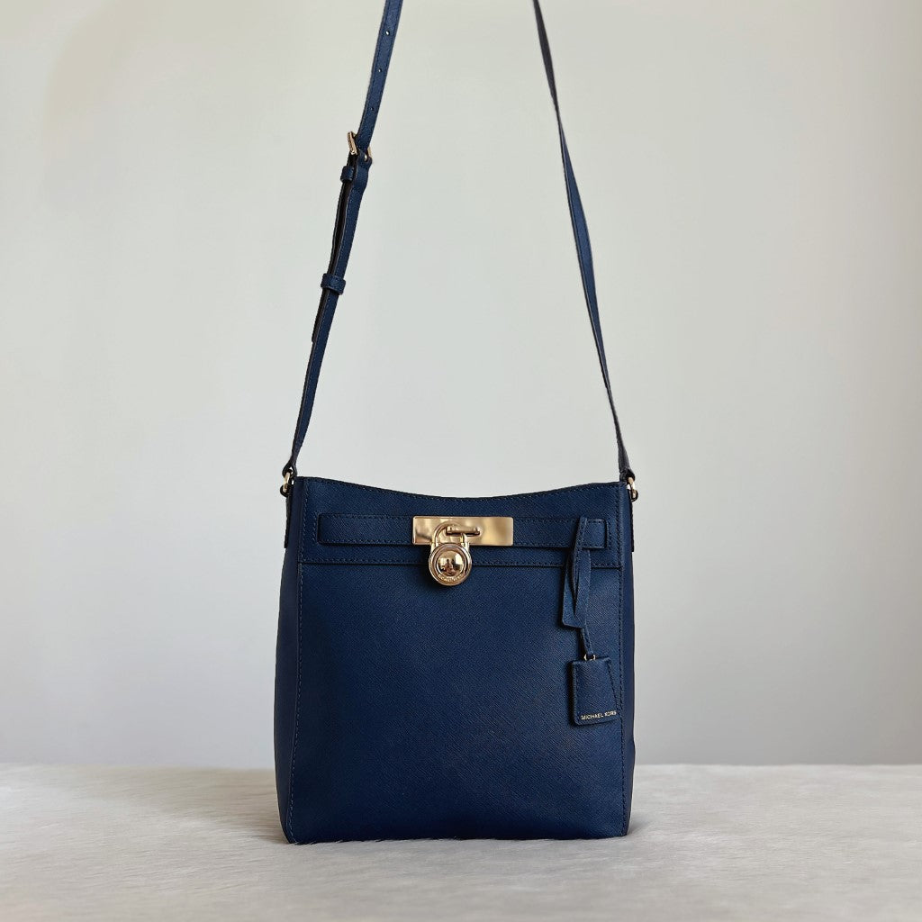 Michael Kors Navy Saffiano Leather Front Lock Crossbody Shoulder Bag