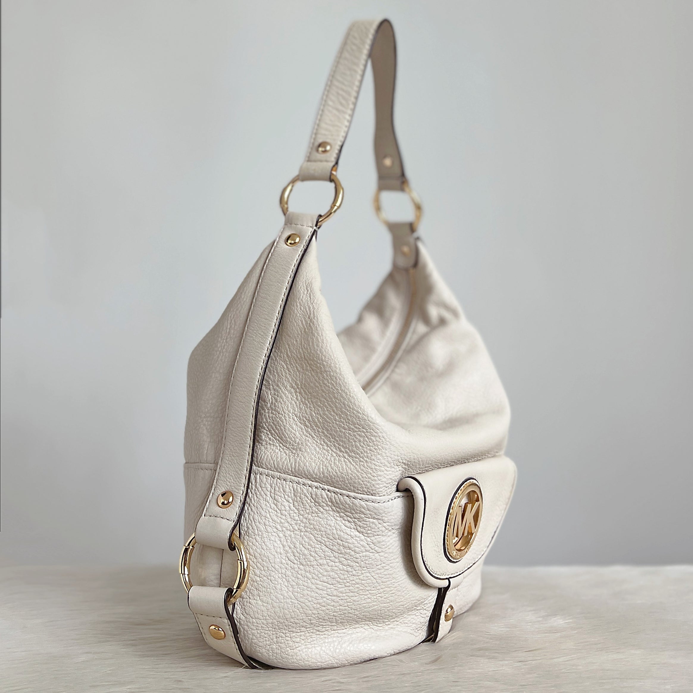 Michael Kors Creamy Leather Front Logo Slouchy Shoulder Bag