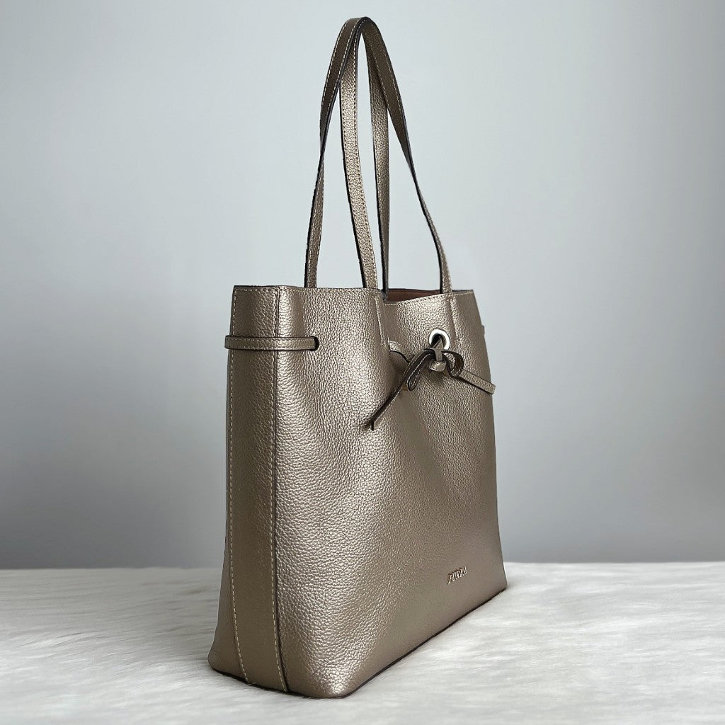 Furla Bronze Leather Bow Tie Carryall Shoulder Bag Like New