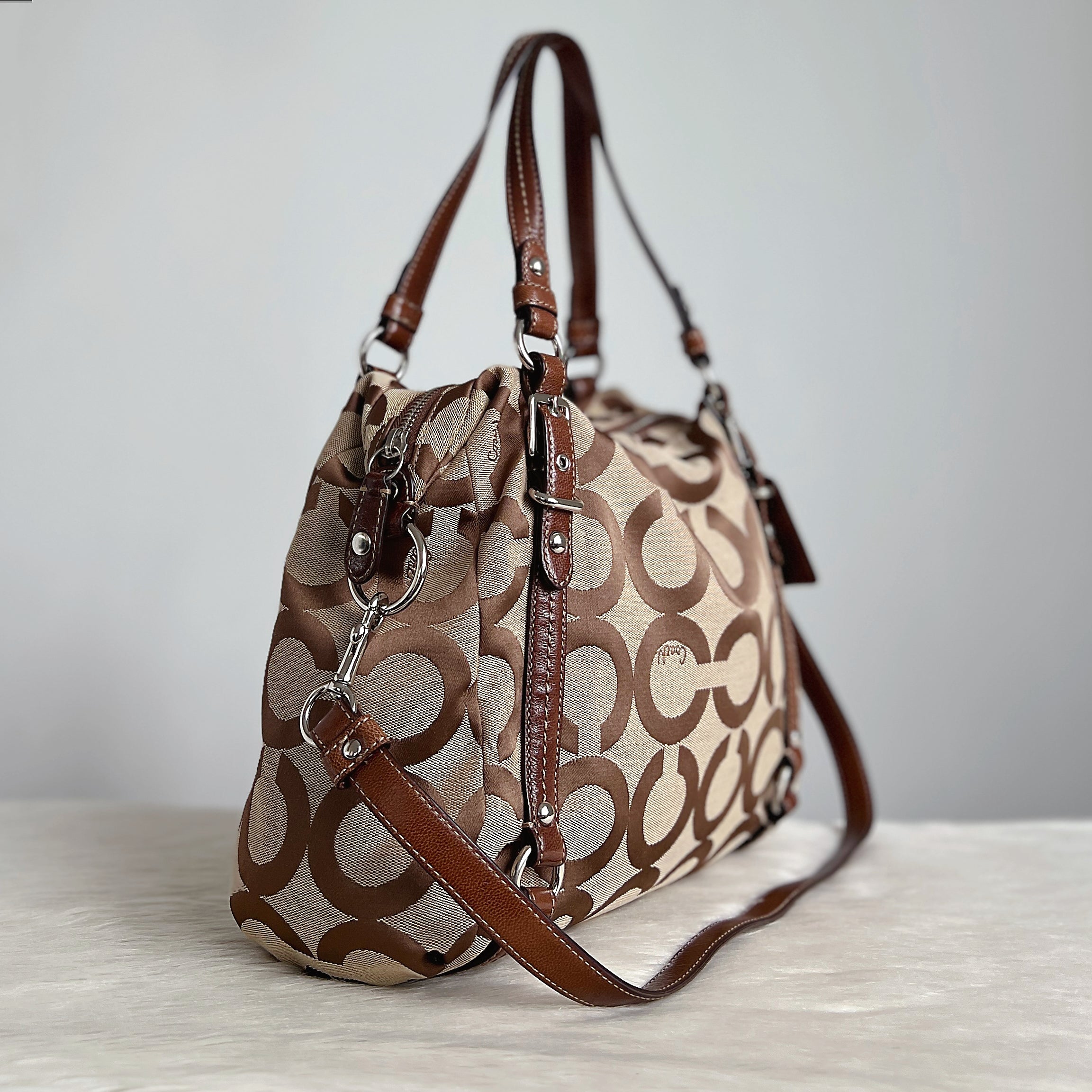 Coach Caramel Leather Monogram Buckle Detail 2 Way Shoulder Bag