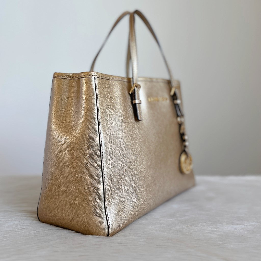 Michael Kors Gold Saffiano Leather Triple Compartment 2 Way Shoulder Bag