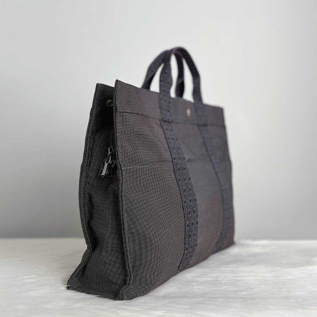 Hermes Grey Signature Stripe Detail Canvas Tote Bag Excellent