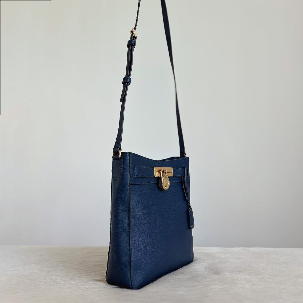 Michael Kors Navy Saffiano Leather Front Lock Crossbody Shoulder Bag