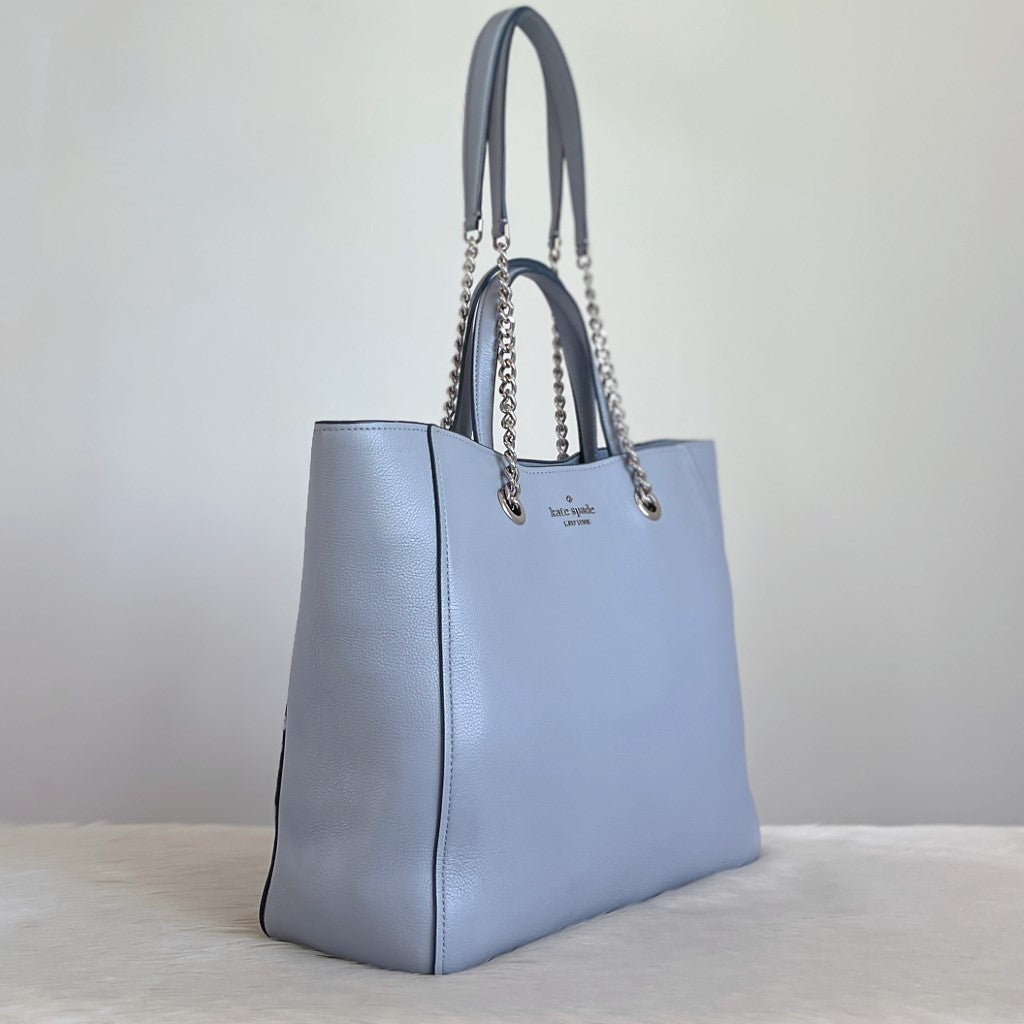 Kate Spade Grey Blue Leather Front Logo Carryall Shoulder Bag Excellent