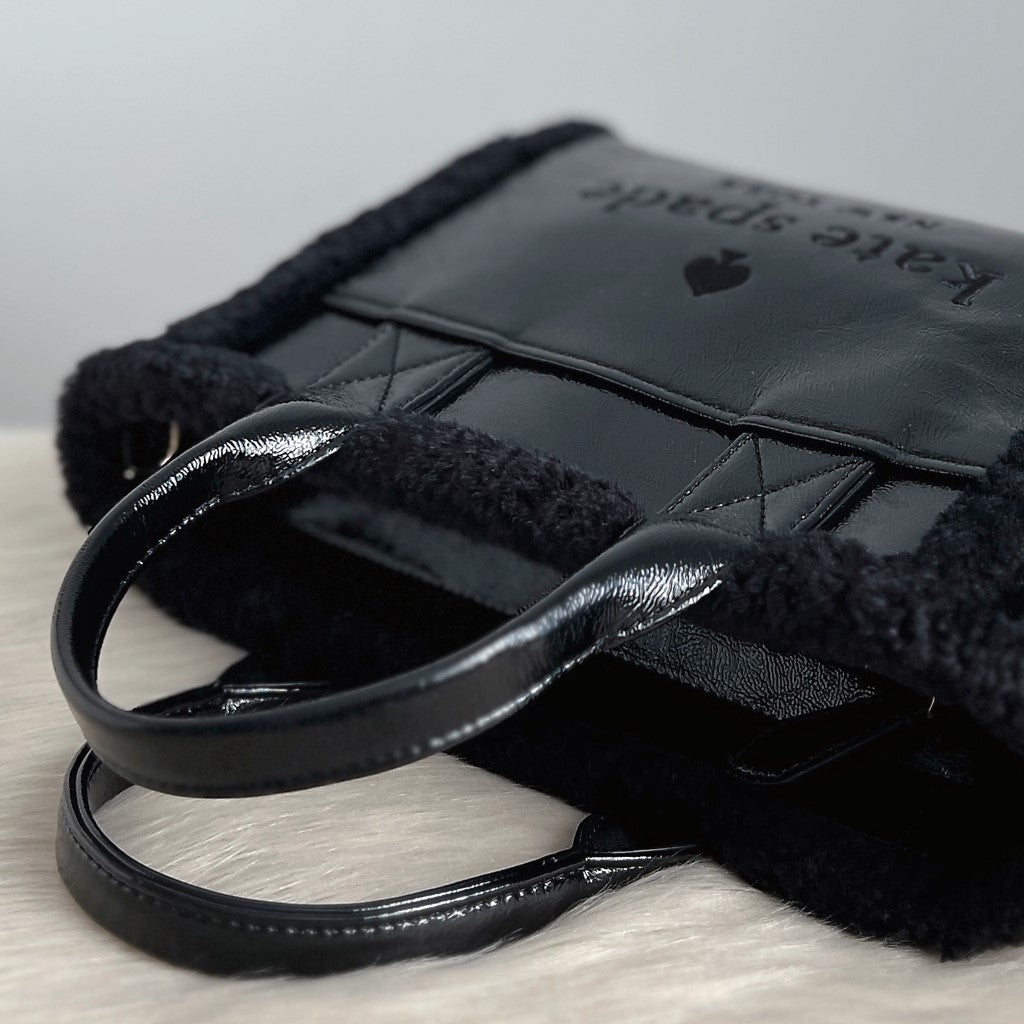 Kate Spade Black Patent Leather Woollen Edge Book Tote 2 Way Shoulder Bag Excellent