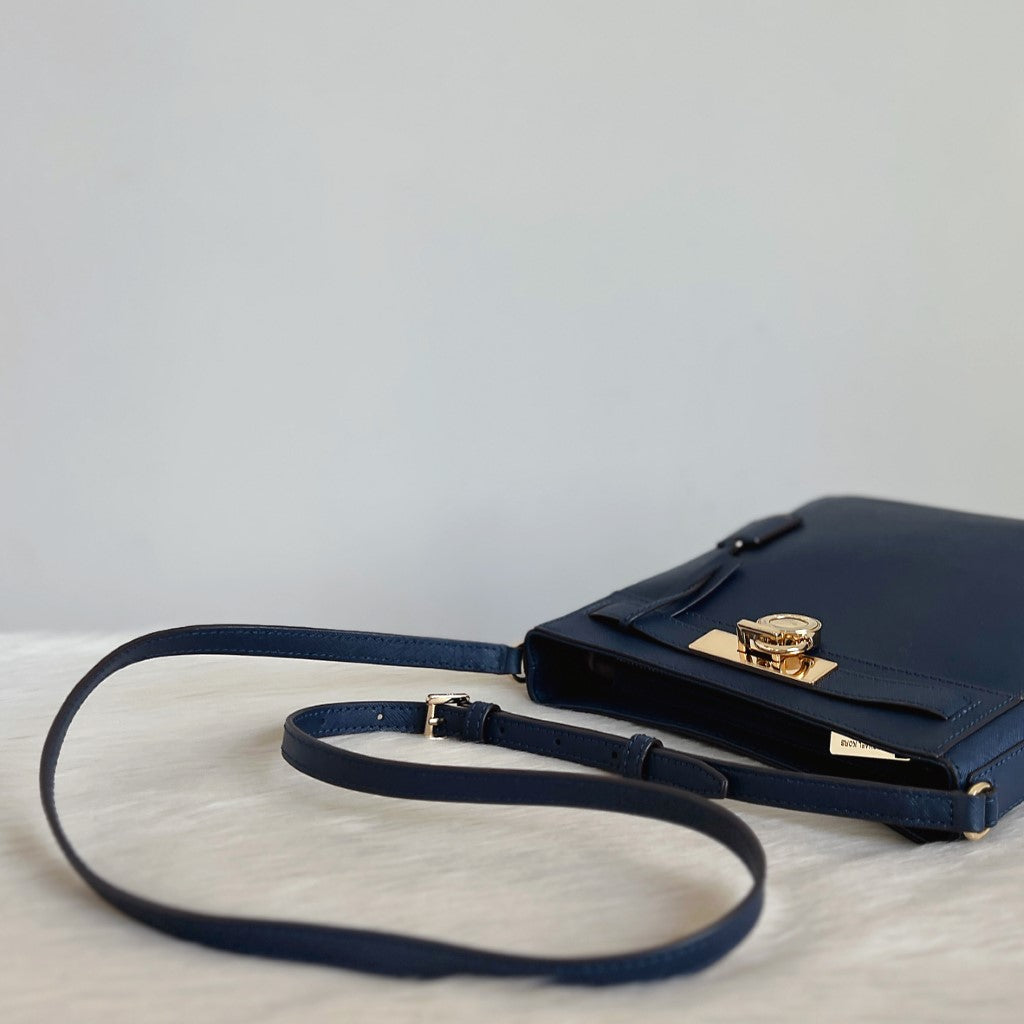 Michael Kors Navy Saffiano Leather Front Lock Crossbody Shoulder Bag