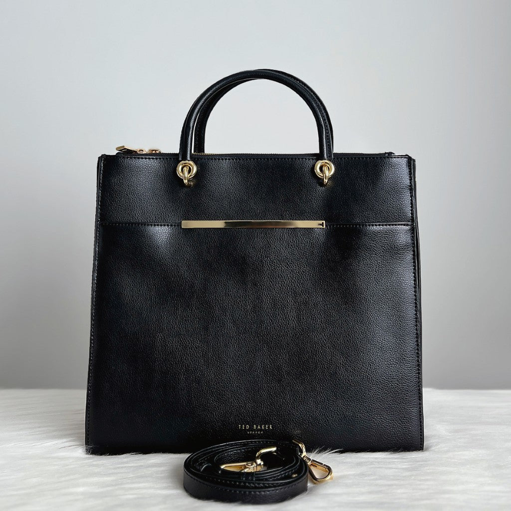 Ted Baker Black Leather Career Triple Compartment 2 Way Shoulder Bag Like New