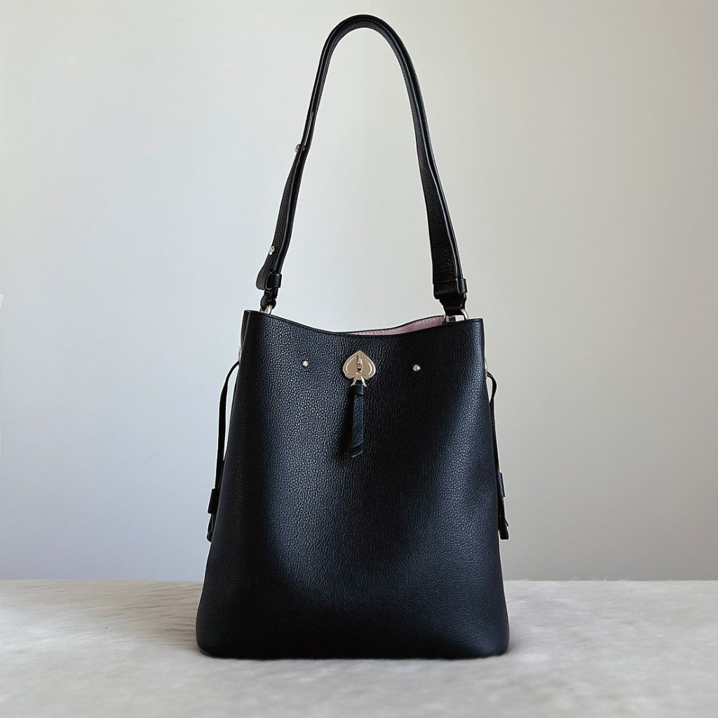 Kate Spade Black Leather Triple Compartment Bucket Shoulder Bag Excellent