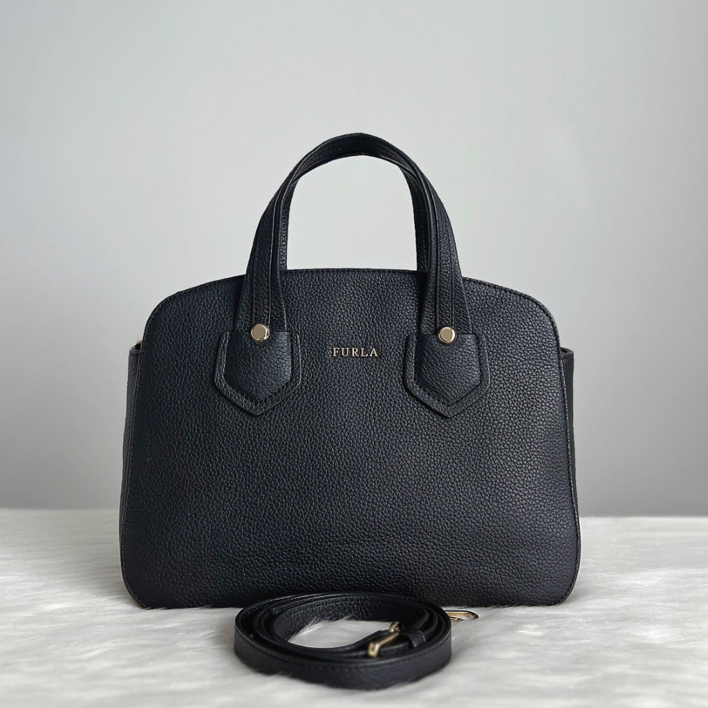 Furla Black Leather Front Logo 2 Way Shoulder Bag Like New