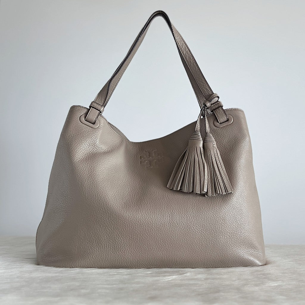 Tory Burch Taupe Leather Tassel Charm Triple Compartment Shoulder Bag Like New