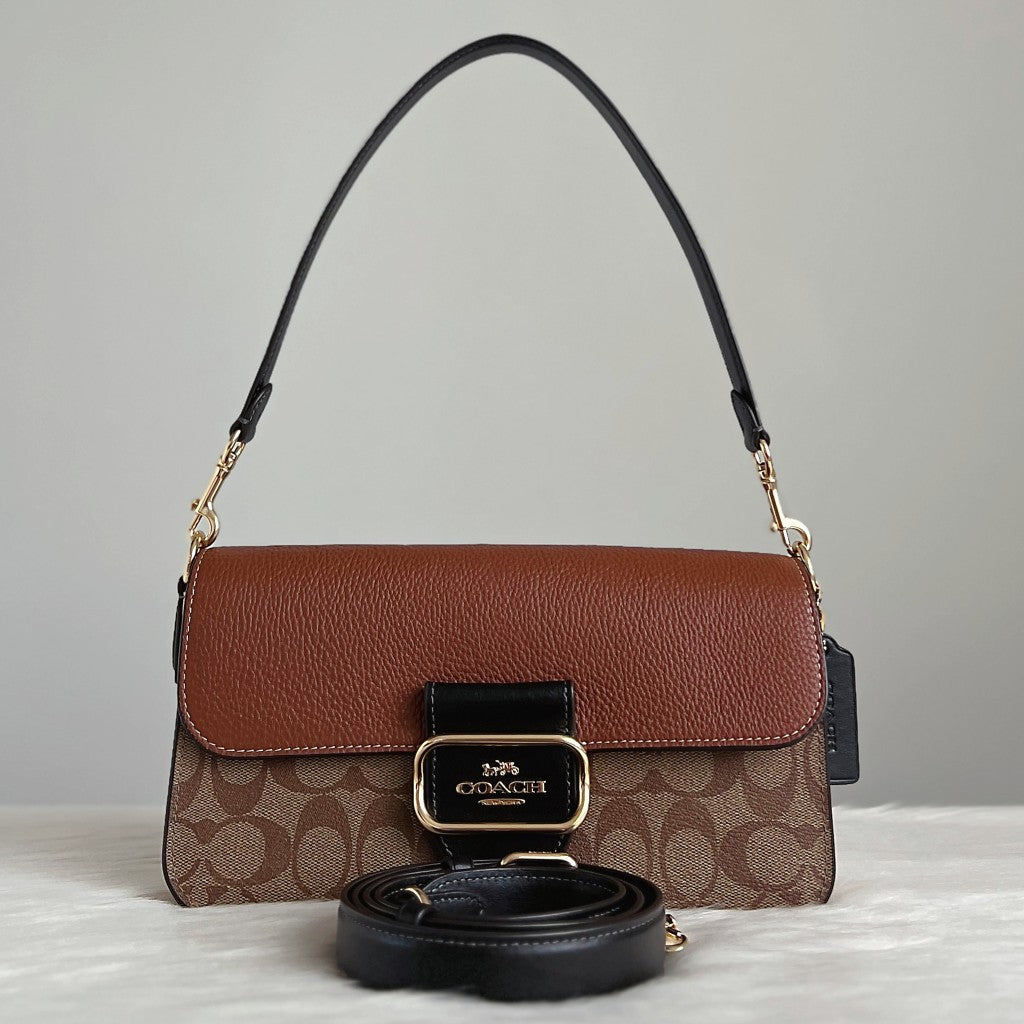 Coach Two Tone Leather Monogram Flap Detail 2 Way Shoulder Bag Like New