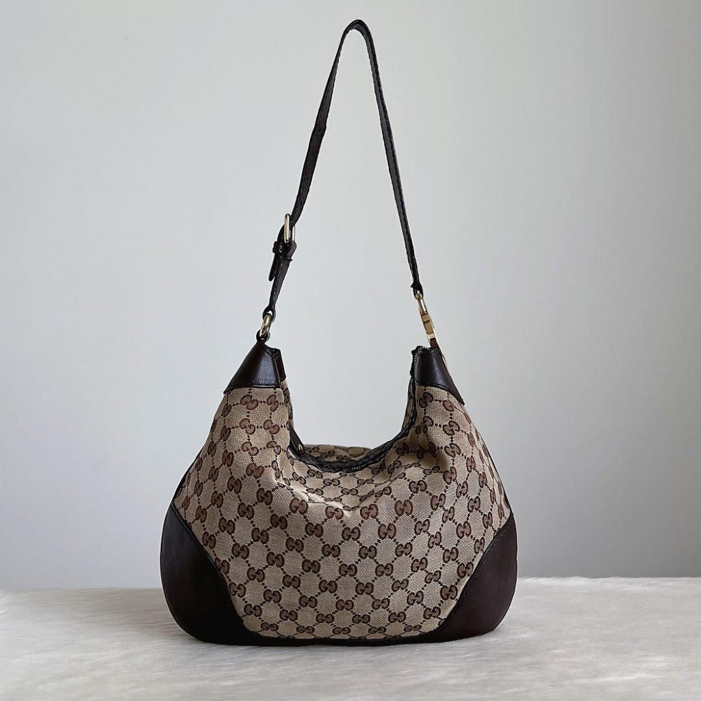 Gucci Chocolate Leather Signature Monogram Slouchy Shoulder Bag