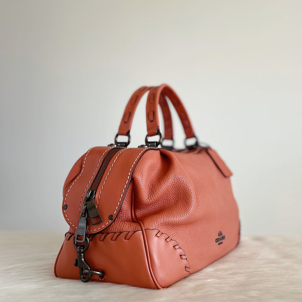 Coach Peach Leather Front Logo Boston 2 Way Shoulder Bag Like New