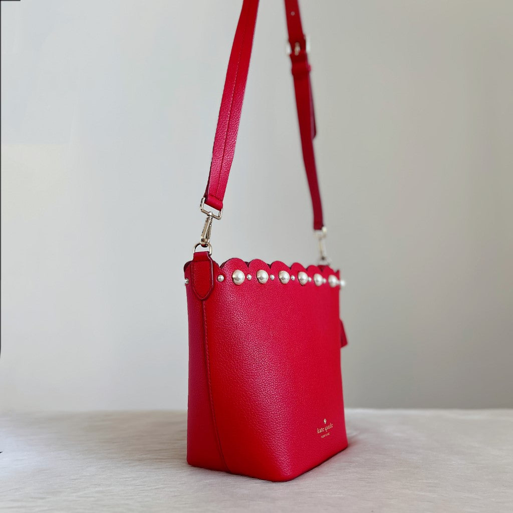 Kate Spade Red Leather Pearl Detail Tassel Charm Bucket Shoulder Bag Excellent