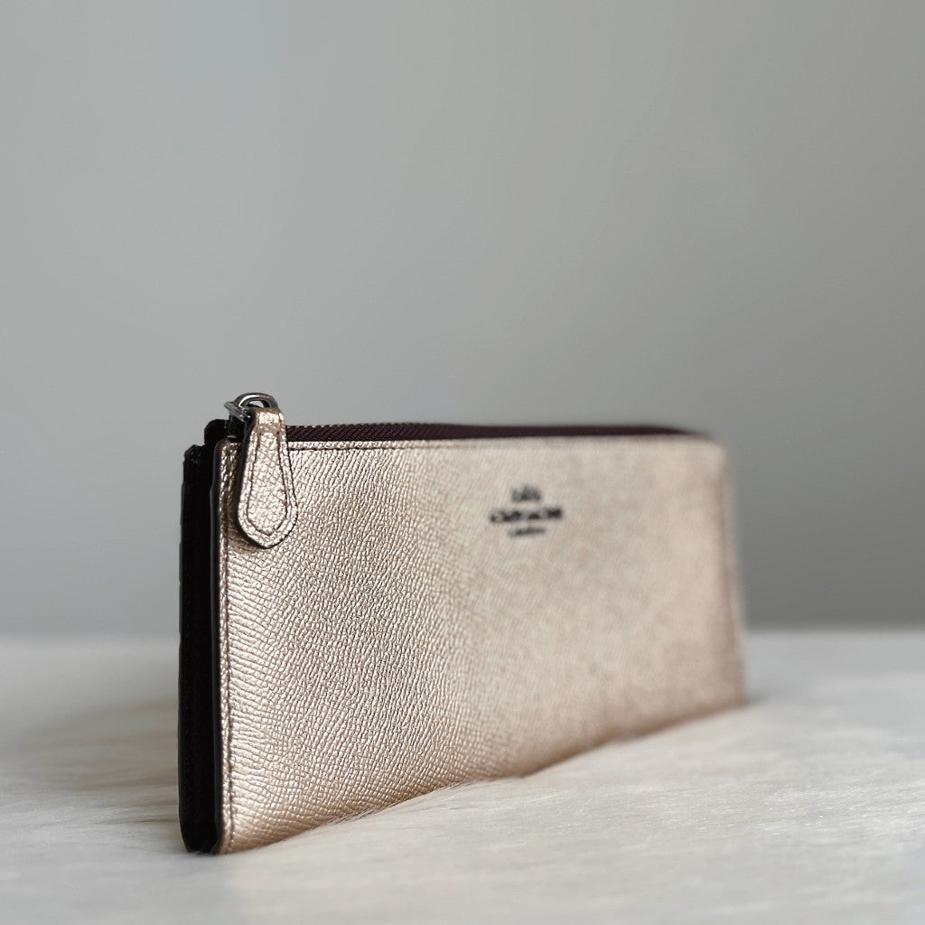 Coach Light Gold Leather Front Logo Zip Compartment Long Wallet Like New