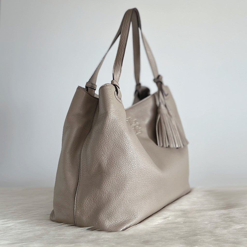 Tory Burch Taupe Leather Tassel Charm Triple Compartment Shoulder Bag Like New