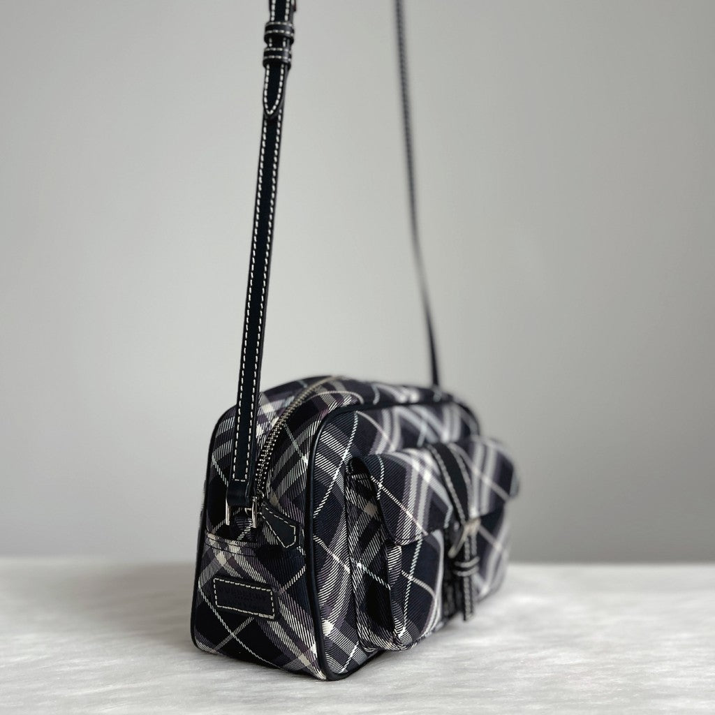 Burberry Black Leather Signature Check Pattern Camera Crossbody Shoulder Bag Like New