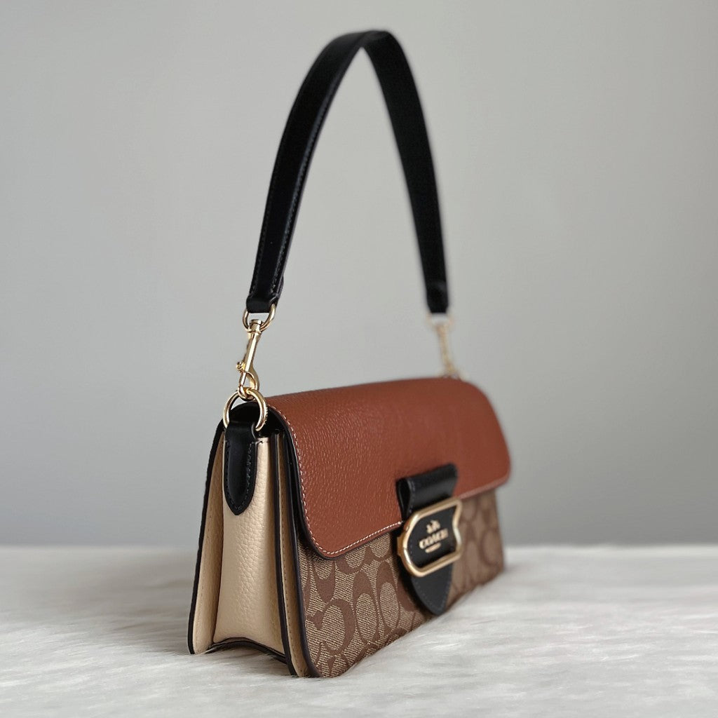 Coach Two Tone Leather Monogram Flap Detail 2 Way Shoulder Bag Like New