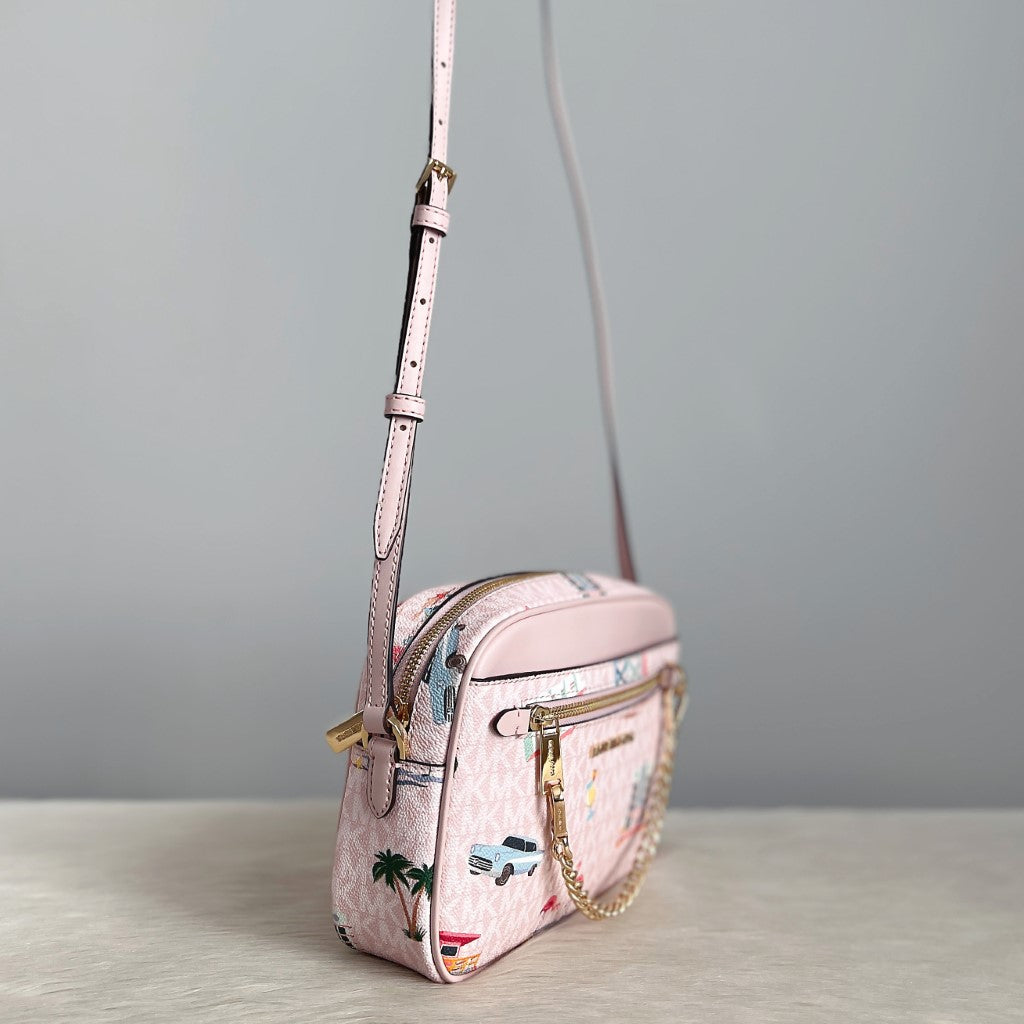 Michael Kors Pink Leather Monogram Chain Detail Crossbody Shoulder Bag Like New