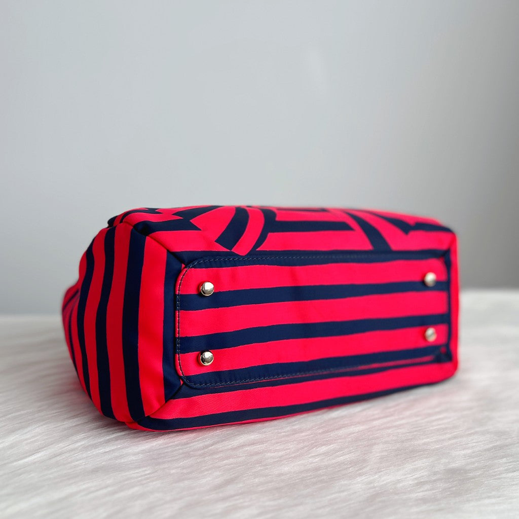 Kate Spade Navy Leather Front Bow Stripe Pattern Tote Bag Like New