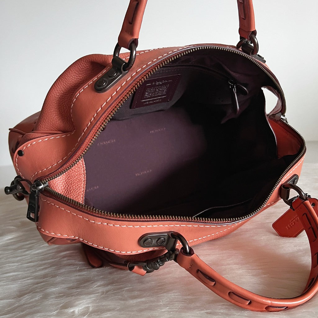 Coach Peach Leather Front Logo Boston 2 Way Shoulder Bag Like New