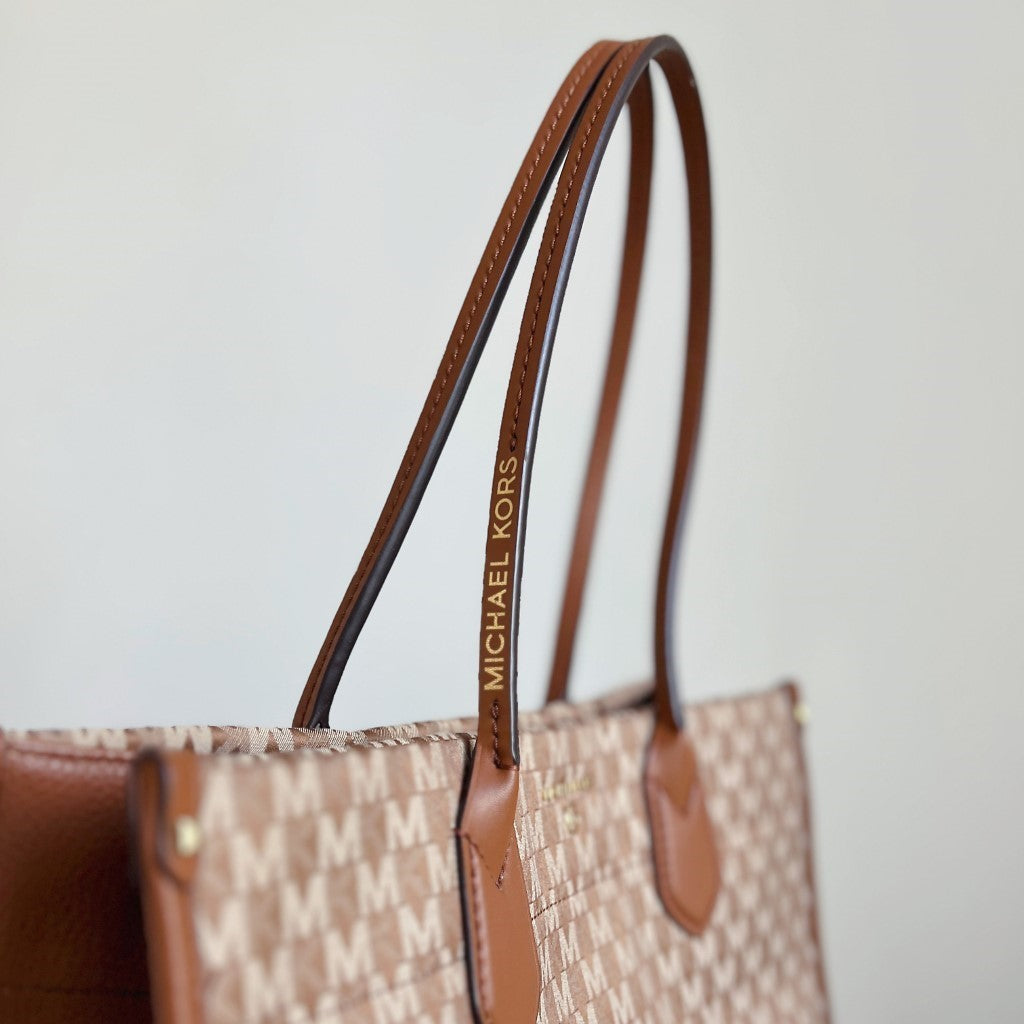 Michael Kors Caramel Leather Monogram Large Book Tote Shoulder Bag Like New