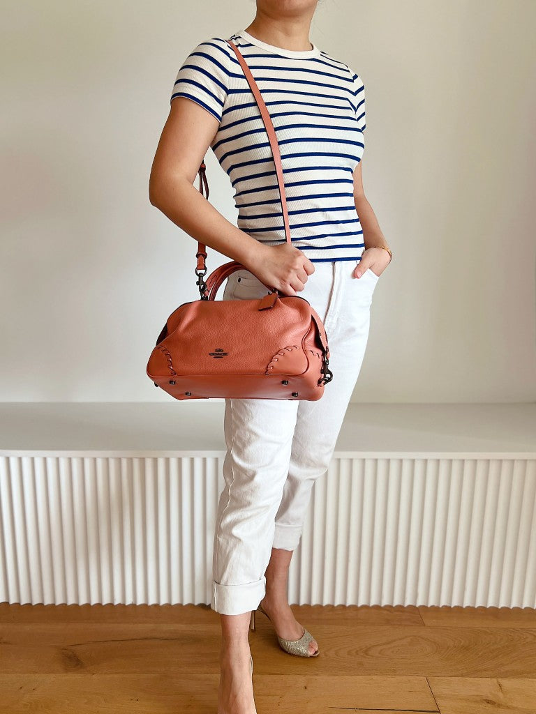 Coach Peach Leather Front Logo Boston 2 Way Shoulder Bag Like New
