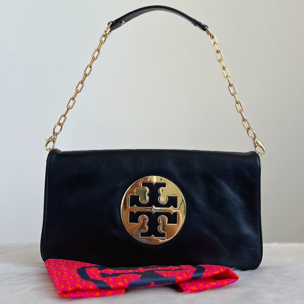 Tory Burch Black Leather Front Logo Chain Shoulder Bag Excellent