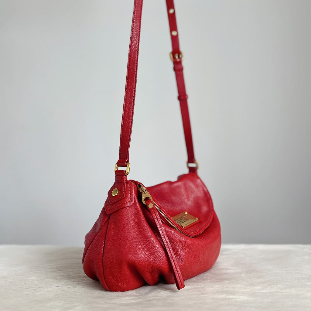 Marc Jacobs Red Leather Front Logo Zip Flap Crossbody Shoulder Bag Excellent