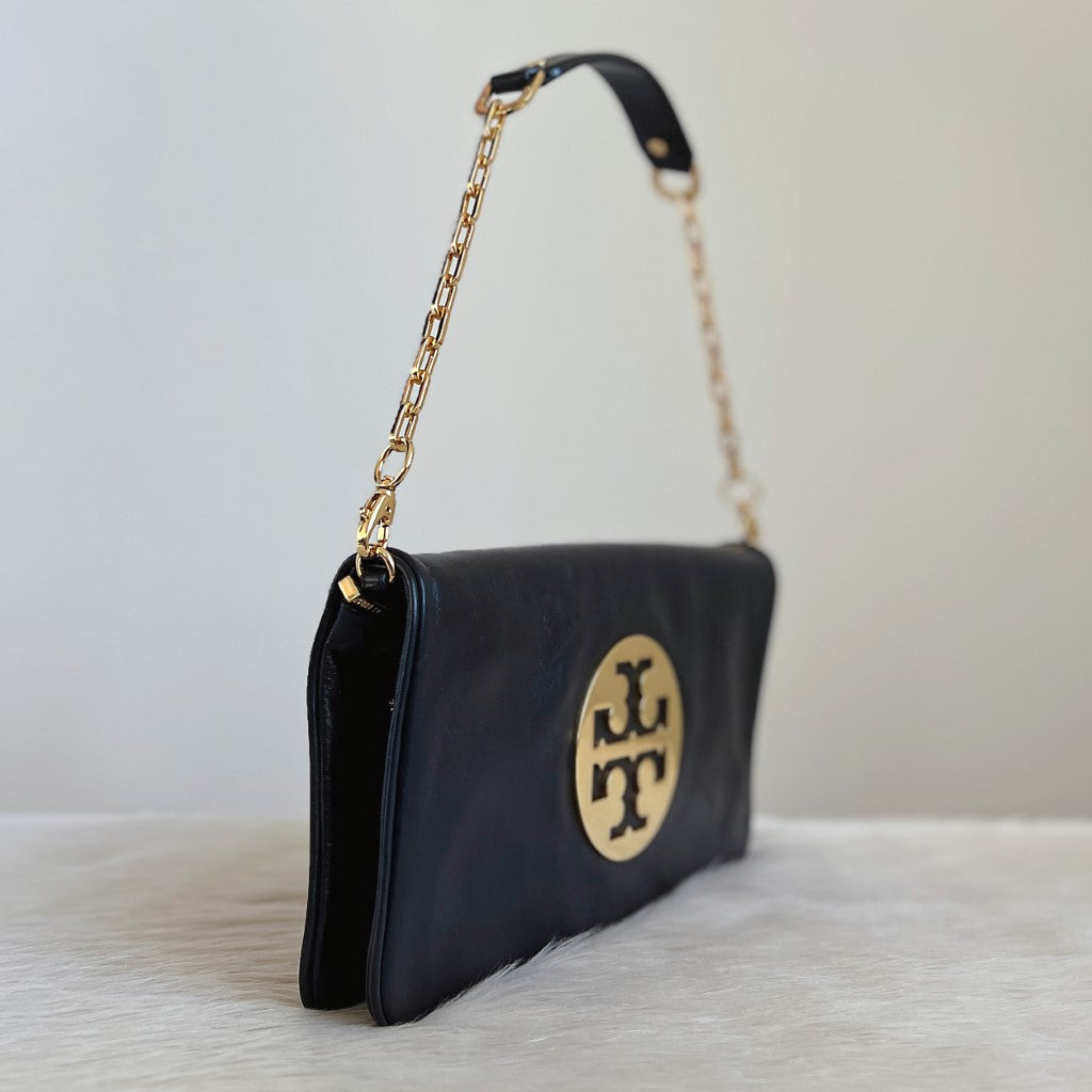 Tory Burch Black Leather Front Logo Chain Shoulder Bag Excellent