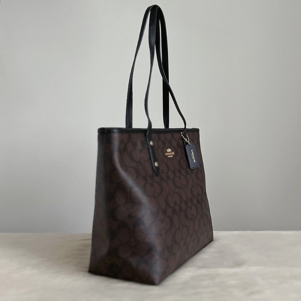 Coach Black Leather Monogram Shopper Shoulder Bag Like New