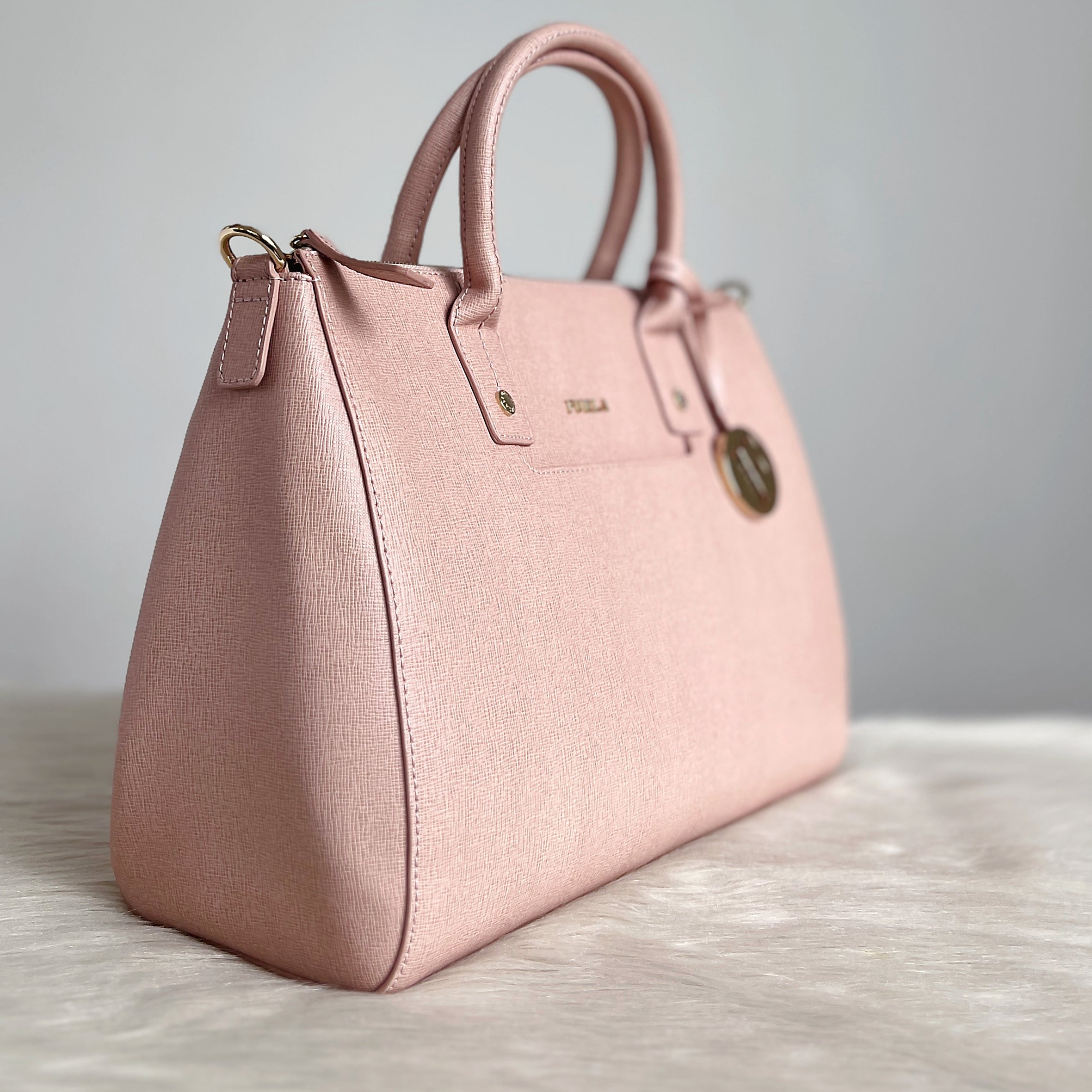 Furla Blush Pink Leather F Charm Career 2 Way Shoulder Bag Like New