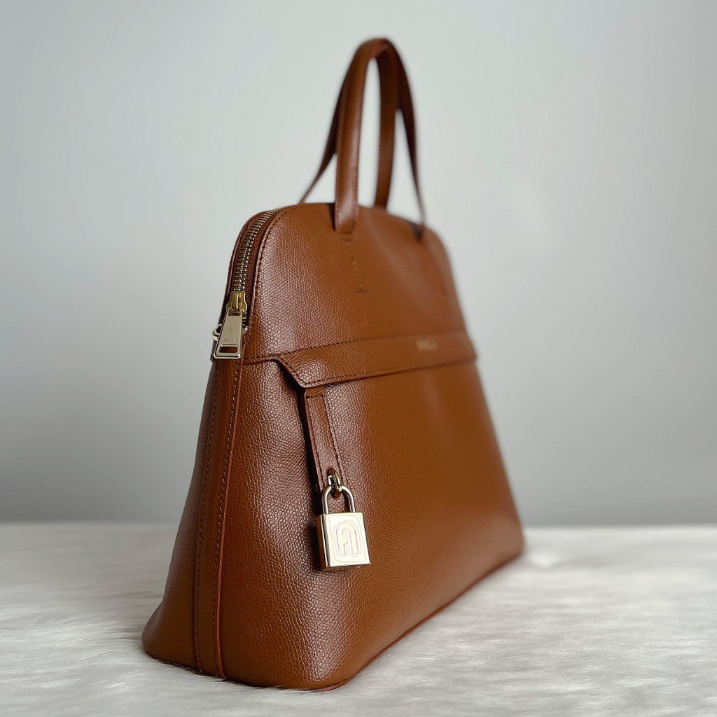 Furla Caramel Leather Front Logo Padlock Charm 2 Way Shoulder Bag Like New