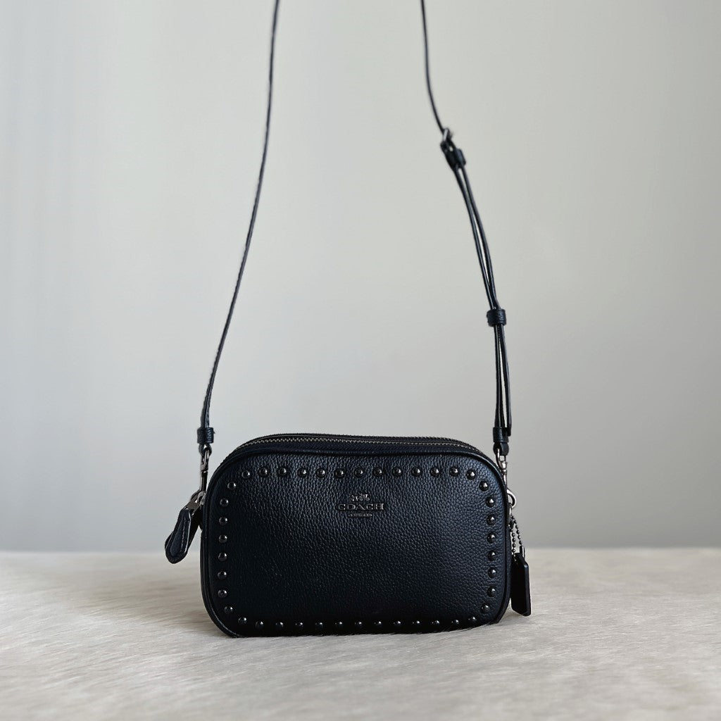 Coach Black Leather Double Compartment 2 Way Crossbody Shoulder Bag Excellent