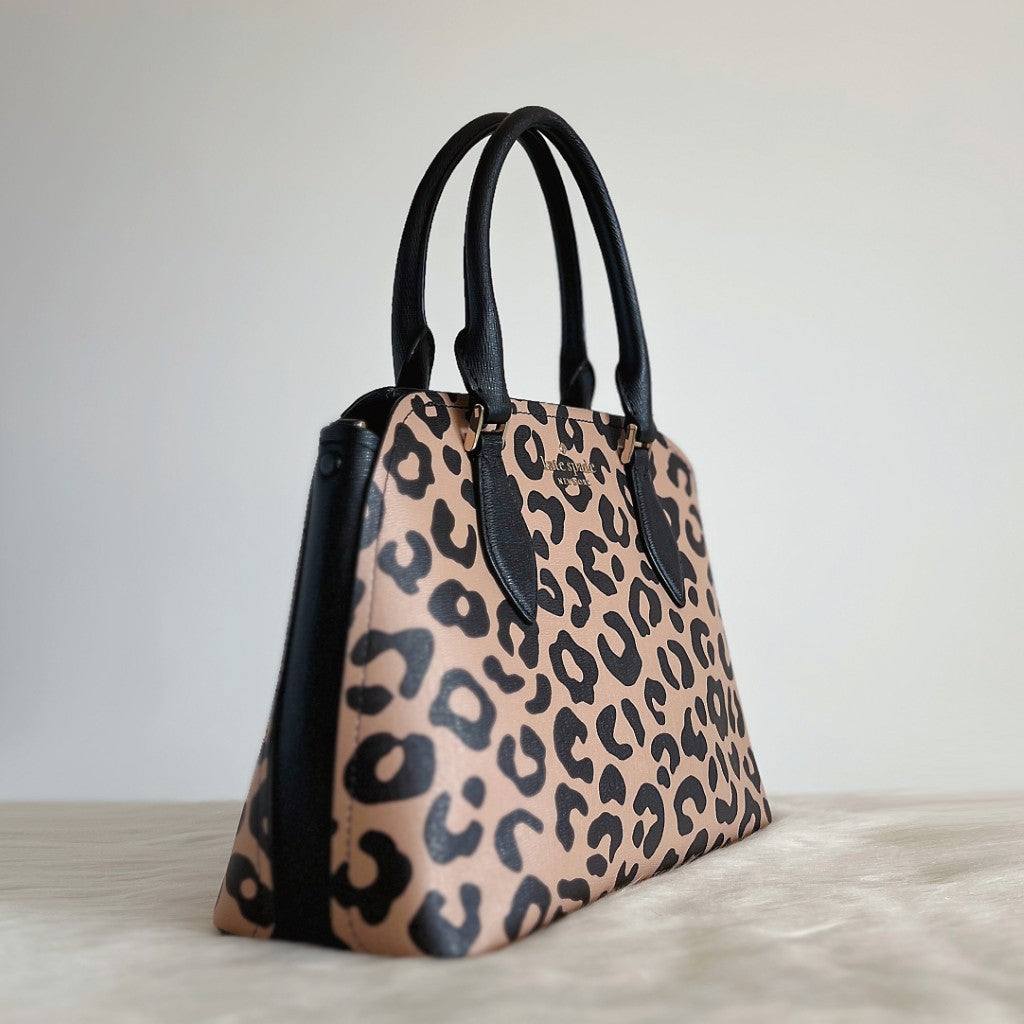 Kate Spade Black Leather Leopard Print 2 Way Shoulder Bag Like New