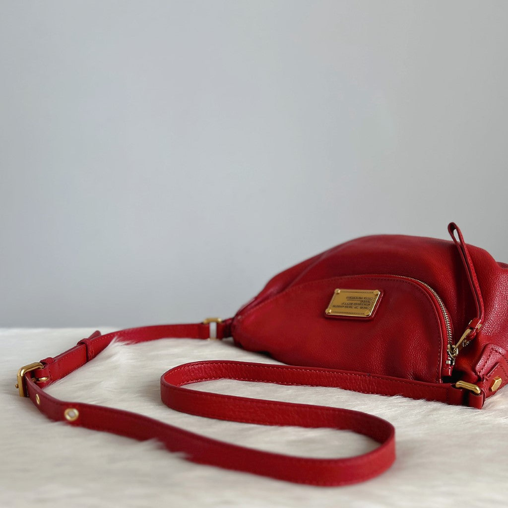 Marc Jacobs Red Leather Front Logo Zip Flap Crossbody Shoulder Bag Excellent