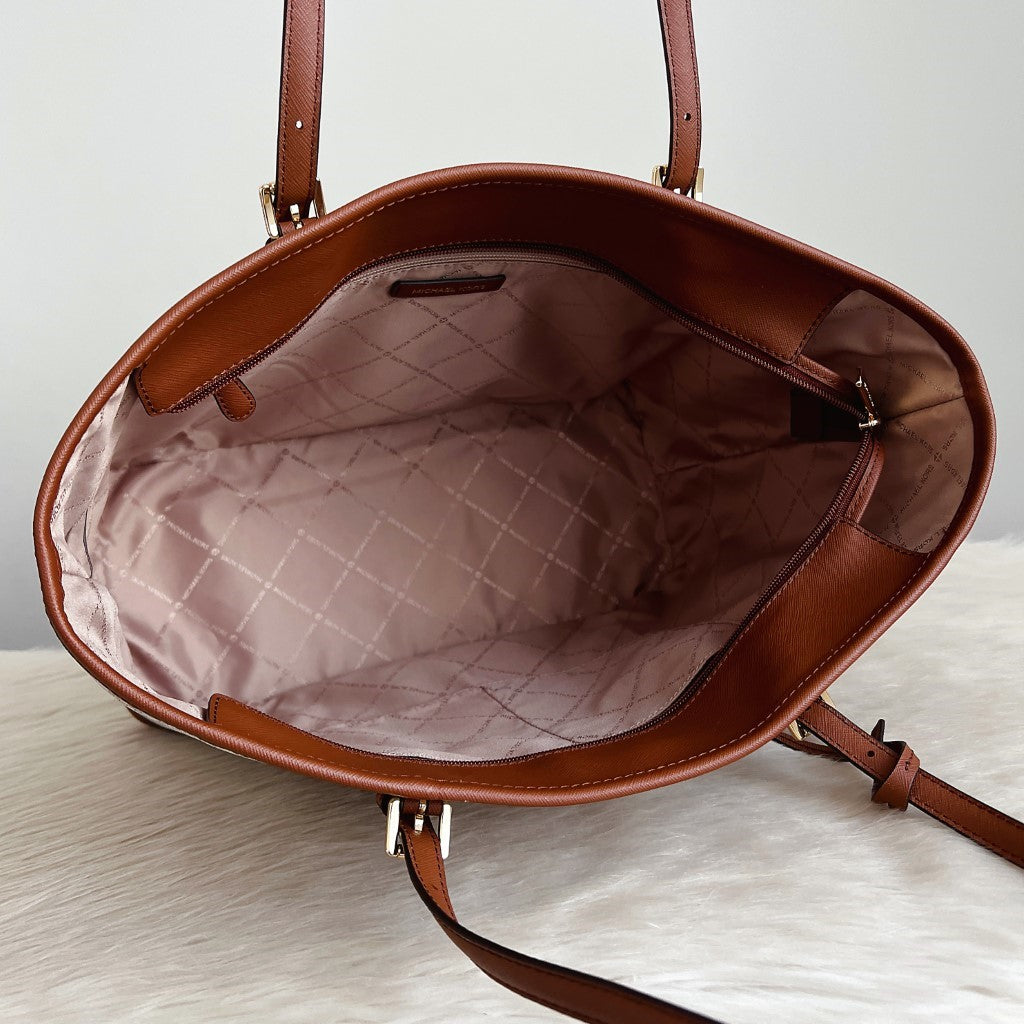 Michael Kors Caramel Leather Monogram MK Charm Large Shoulder Bag Like New