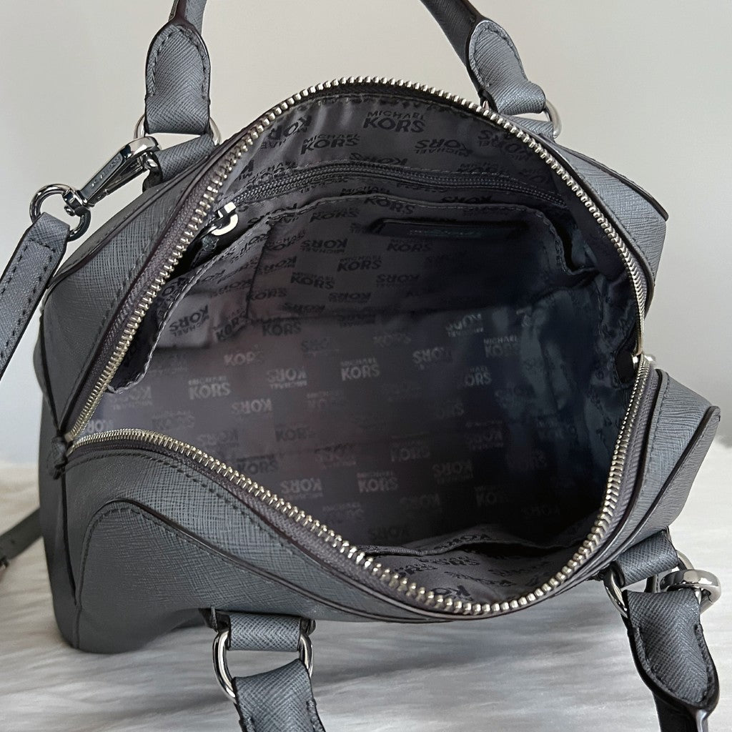 Michael Kors Grey Leather MK Charm Boston Shoulder Bag Excellent